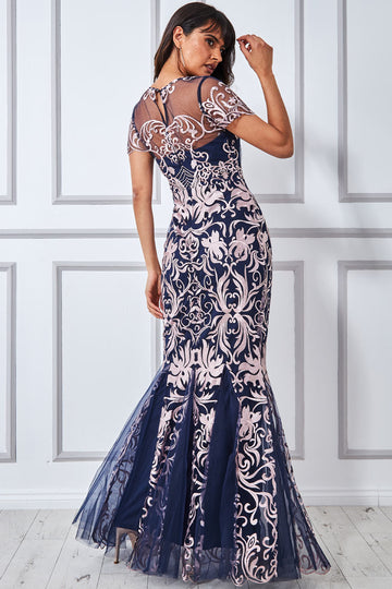 Embroidered Mesh & Lace Maxi with Scalloped Hem Goddiva